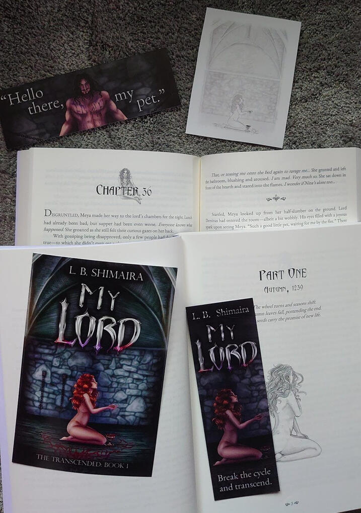 A photo showing the book's layout with the artwork & header art, a bookplate with a sketch of the front cover, bookmarks with the cover art, 1 with Meya stating "break the cycle & transcend", the other with Lord Deminas stating "hello there, my pet."