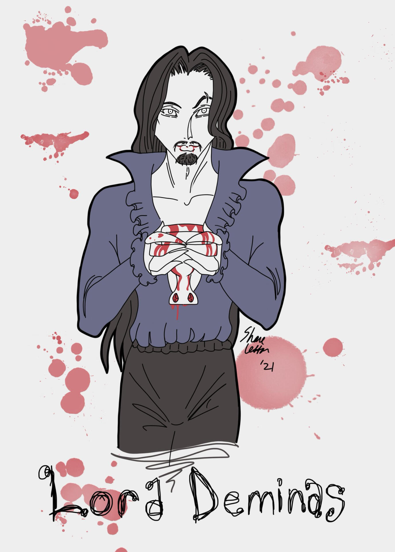 A drawing of Lord Deminas, long black hair, moustache and goatee, a scar across one brow. In his hands he's holding a cup, blood leaking out.