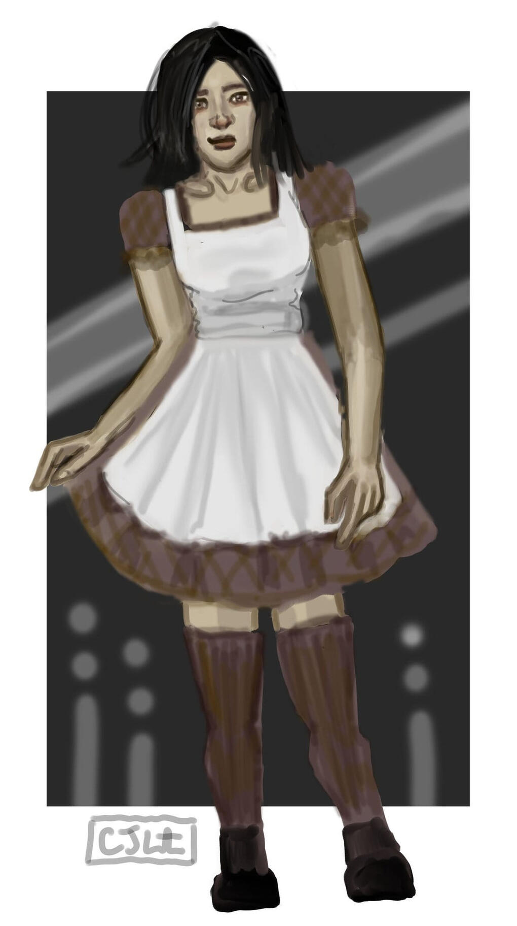 A drawing of Nina, shoulder-length black hair, tawny skin. She's wearing a brown dress with a white apron and long brown socks with black shoes.