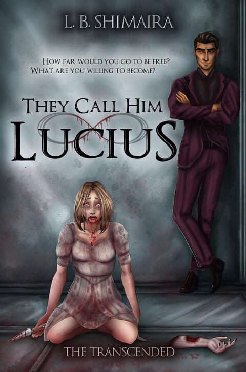 A picture of the book cover is shown, a metallic room with a blonde woman on her knees, in shock, blood dripping from her mouth, a knife in her hand. There is a human hand discarded to her side, a bite missing from it. Against the wall a man in a burgundy
