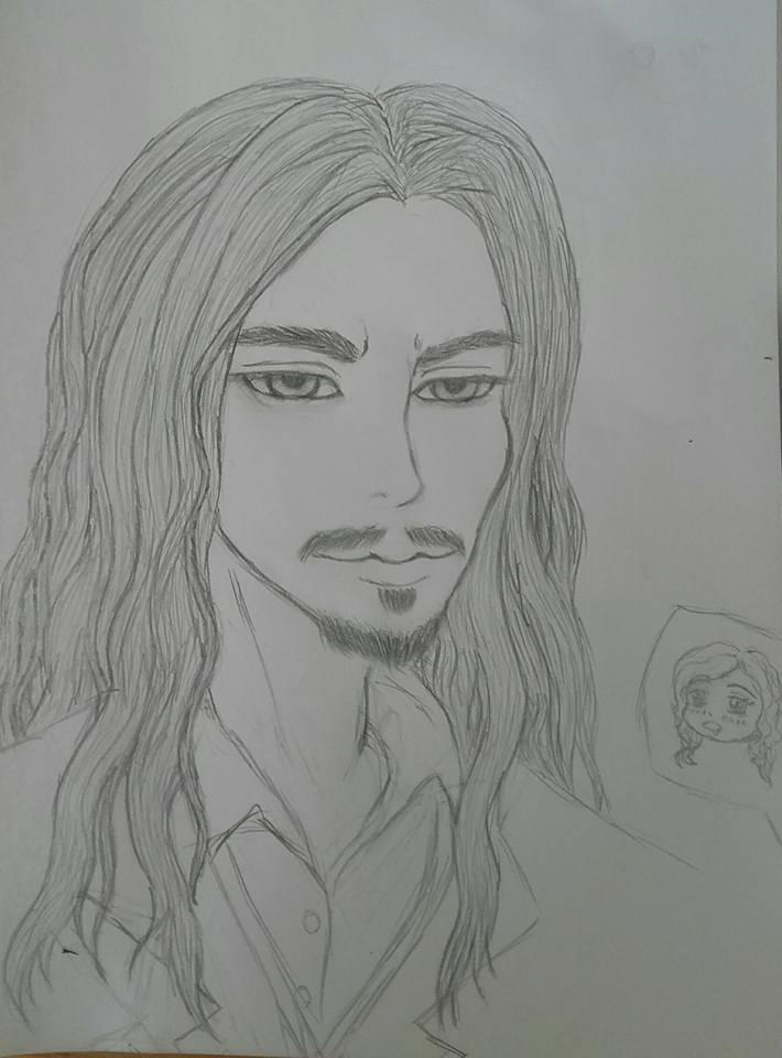 A portret sketch of Lord Deminas. Long hair, moustache and goatee.