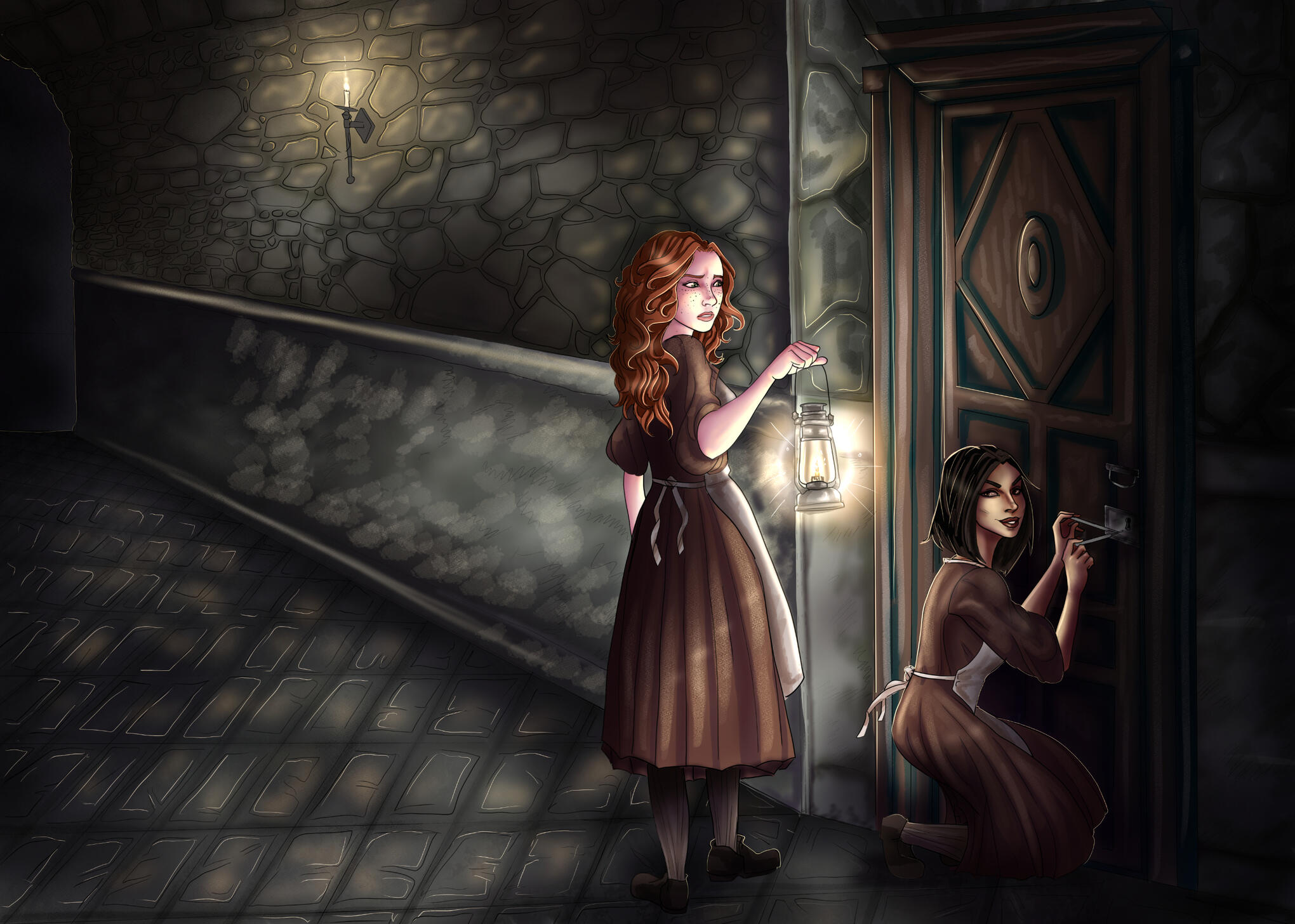 A drawing of Meya and Nina in a dark hallway. Nina's on her knees, lockpicking a door, while Meya is standing watch behind her holding a lantern.